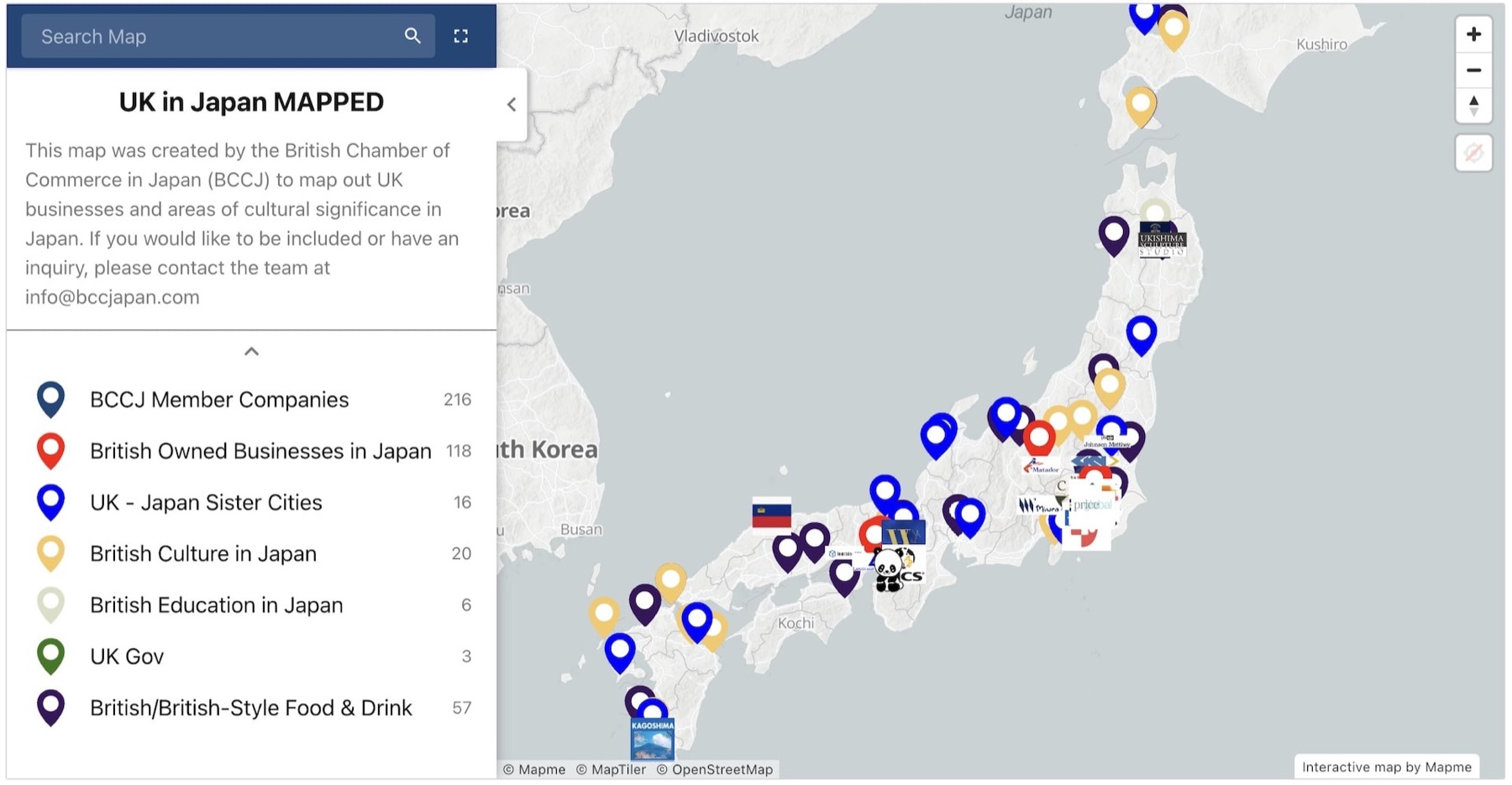 UK in Japan MAPPED: a map of Japan pinned with member companies, British owned businesses, sister cities and cultural sites